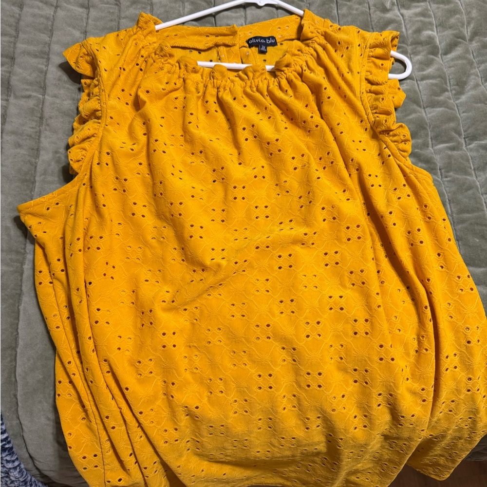 Women's Eyelet Ruffle Sleeve Tank Top - Mustard Yellow